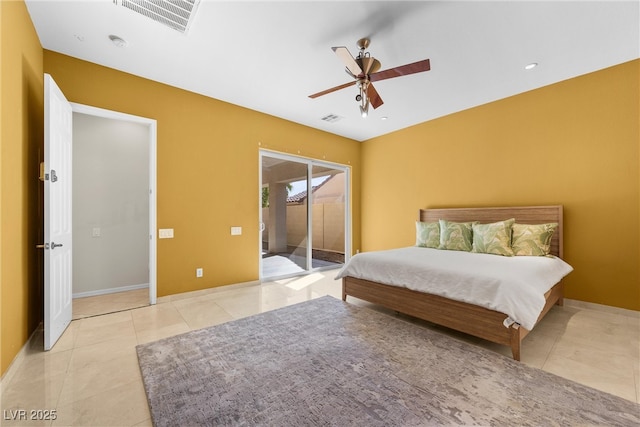 bedroom with access to exterior, visible vents, a ceiling fan, and light tile patterned flooring