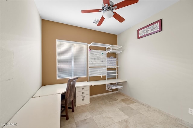 home office with visible vents and a ceiling fan