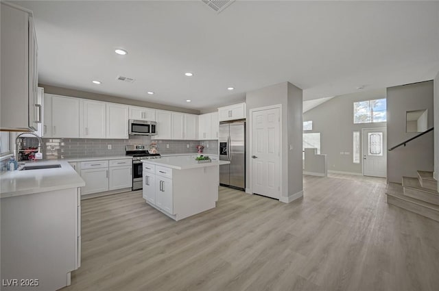 kitchen with appliances with stainless steel finishes, a sink, visible vents, and tasteful backsplash