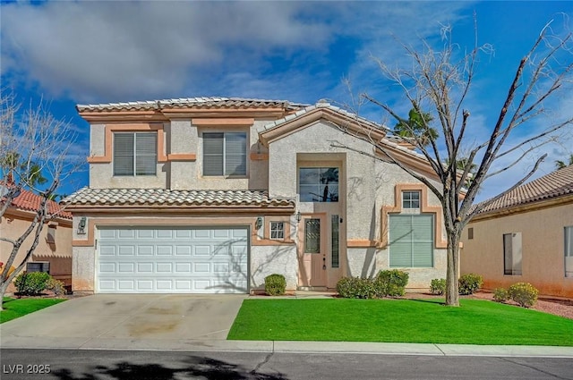 mediterranean / spanish home with stucco siding, a garage, driveway, a tiled roof, and a front lawn