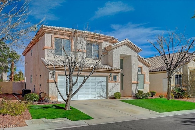 view of front of property featuring a garage, a tile roof, driveway, and stucco siding