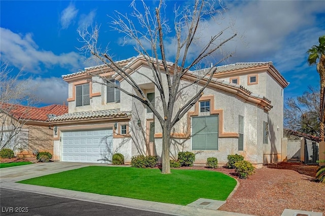 mediterranean / spanish home featuring stucco siding, fence, a garage, driveway, and a front lawn