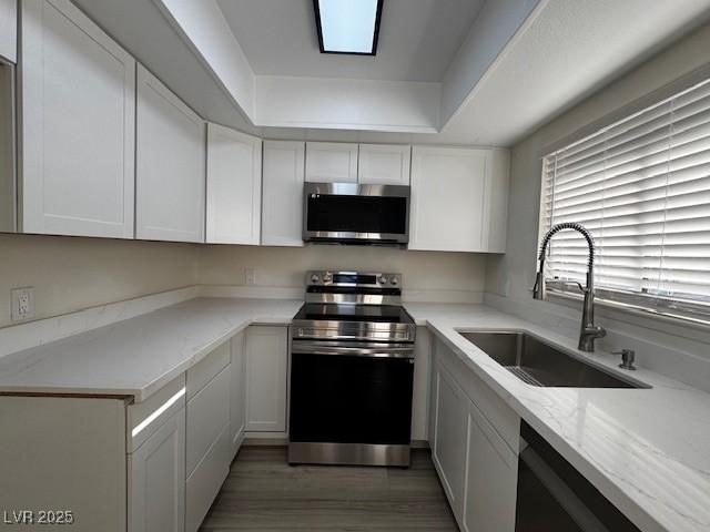 kitchen featuring a raised ceiling, appliances with stainless steel finishes, light wood-style floors, white cabinetry, and a sink