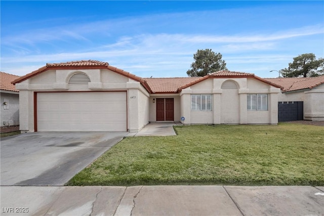 mediterranean / spanish-style house with a garage, a tile roof, concrete driveway, stucco siding, and a front yard