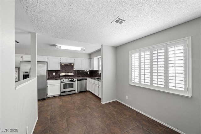 kitchen featuring under cabinet range hood, a sink, white cabinets, appliances with stainless steel finishes, and decorative backsplash