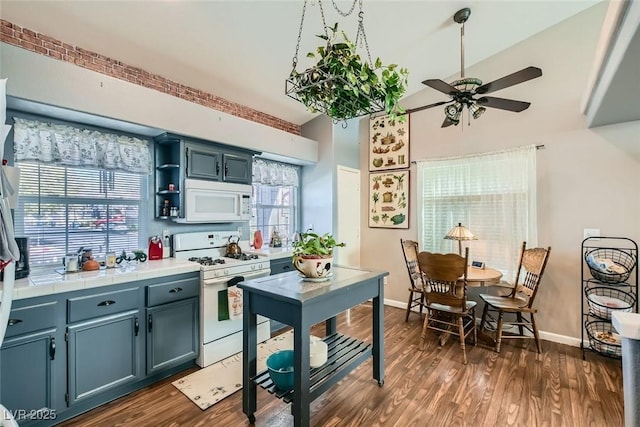 kitchen featuring white appliances, plenty of natural light, and dark wood-type flooring