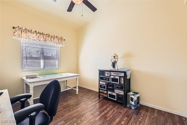 home office with baseboards, a ceiling fan, and dark wood-style flooring