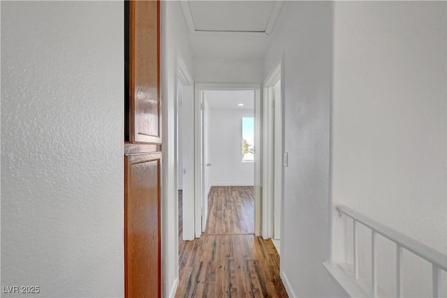 hallway with a textured wall, wood finished floors, and attic access