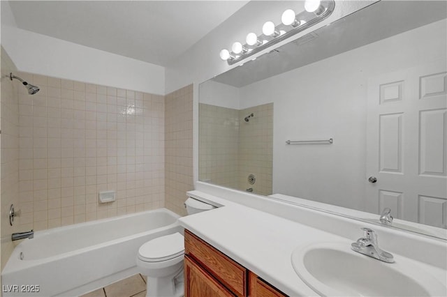 bathroom with toilet, tile patterned flooring, shower / bathing tub combination, and vanity