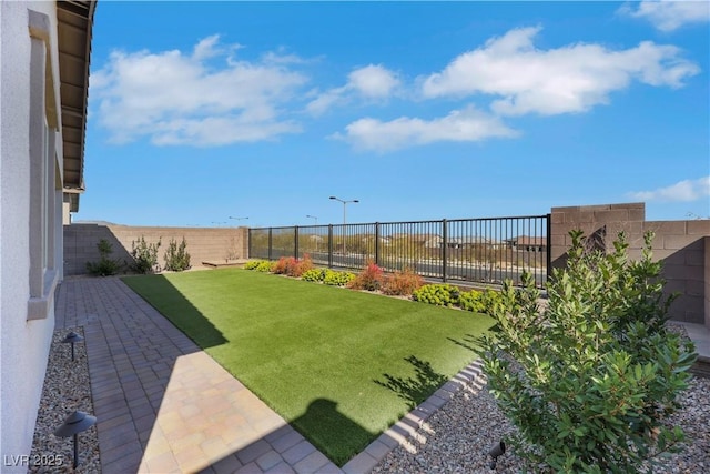 view of yard featuring a fenced backyard and a patio