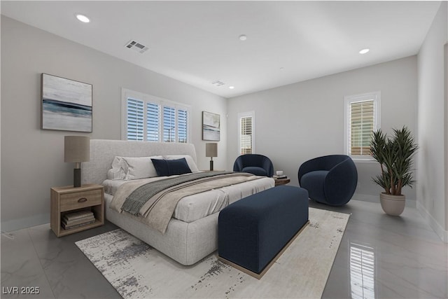 bedroom featuring recessed lighting, marble finish floor, multiple windows, and visible vents