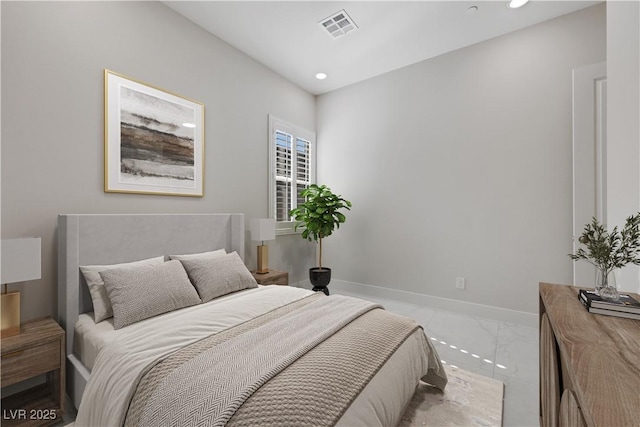 bedroom featuring recessed lighting, marble finish floor, visible vents, and baseboards