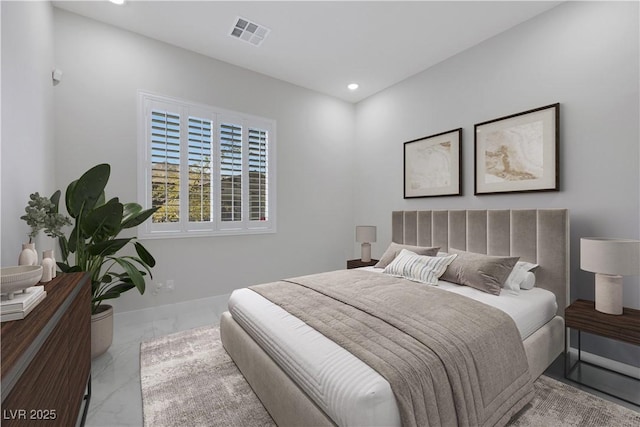 bedroom featuring marble finish floor, recessed lighting, visible vents, and baseboards