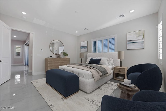 bedroom with marble finish floor, recessed lighting, visible vents, and baseboards