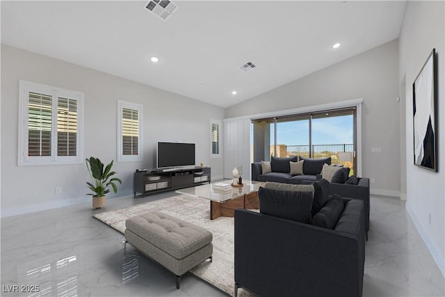 living room featuring vaulted ceiling, marble finish floor, visible vents, and recessed lighting