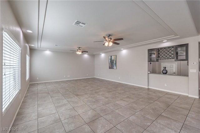 spare room with light tile patterned floors, recessed lighting, a ceiling fan, visible vents, and baseboards