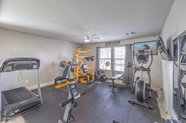 exercise area featuring baseboards, visible vents, and a ceiling fan