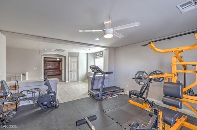 exercise room with visible vents, ceiling fan, and baseboards