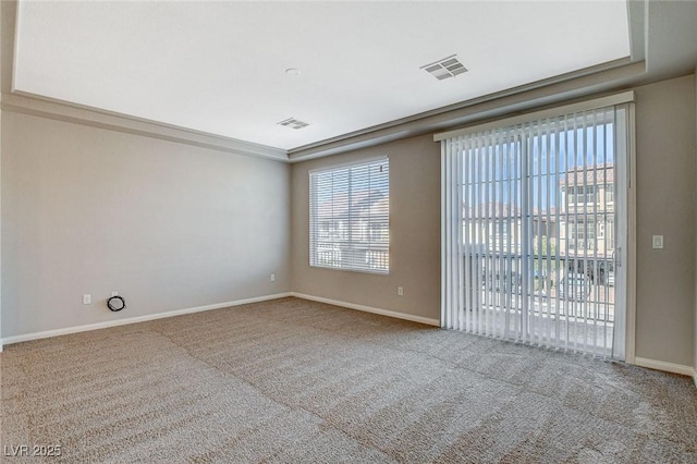 carpeted spare room with a raised ceiling, visible vents, and baseboards