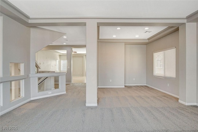 interior space with recessed lighting, carpet, visible vents, and baseboards