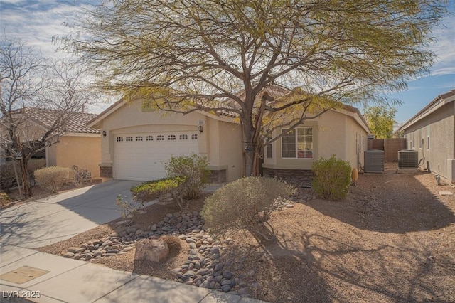 view of front of property featuring central AC unit, a garage, a tile roof, driveway, and stucco siding