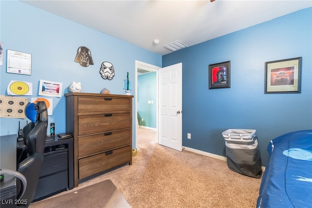 bedroom featuring carpet flooring, visible vents, and baseboards