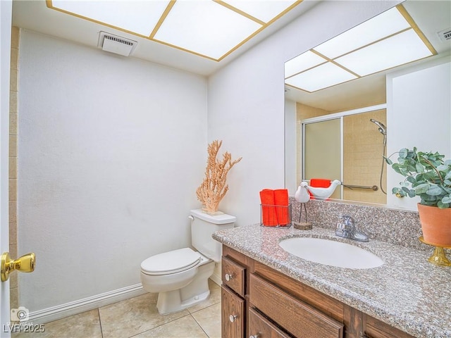 bathroom featuring visible vents, toilet, a stall shower, vanity, and tile patterned flooring