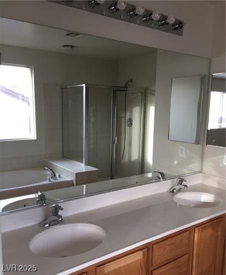 bathroom featuring a sink, a shower stall, and double vanity