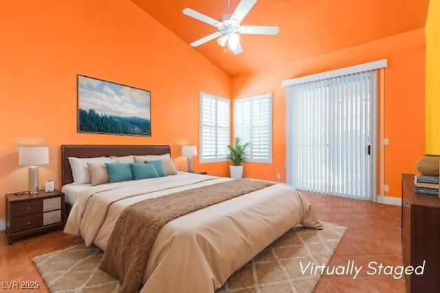 bedroom featuring lofted ceiling and ceiling fan