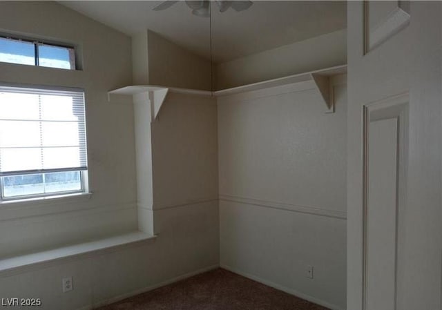 carpeted spare room with vaulted ceiling, ceiling fan, and a healthy amount of sunlight