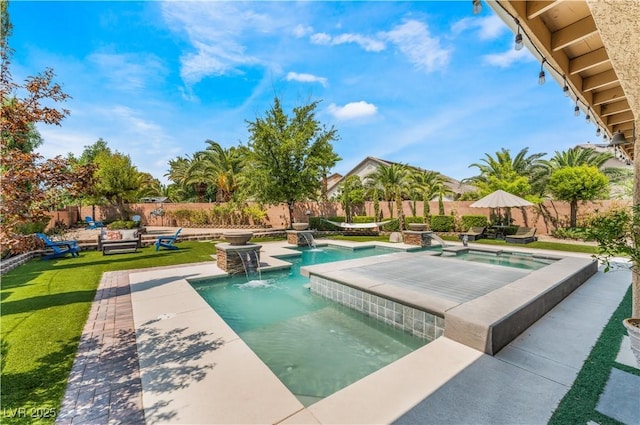 view of pool featuring a fenced backyard, a patio, a fenced in pool, and an in ground hot tub