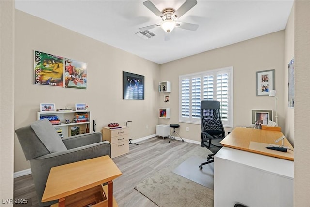 office space featuring ceiling fan, wood finished floors, visible vents, and baseboards