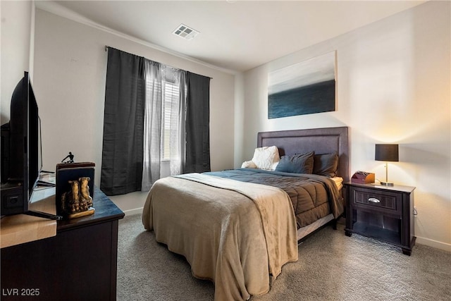 bedroom with light colored carpet, visible vents, and baseboards