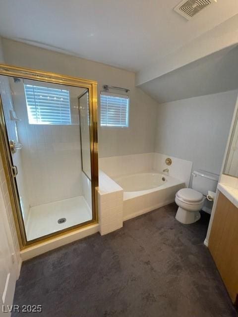 bathroom with toilet, vanity, visible vents, a bath, and a stall shower