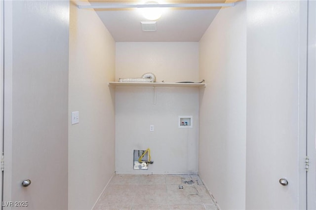 clothes washing area featuring hookup for a washing machine, tile patterned flooring, laundry area, and visible vents