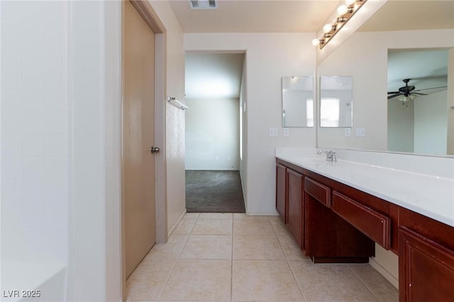 full bathroom with a ceiling fan, tile patterned flooring, visible vents, and vanity