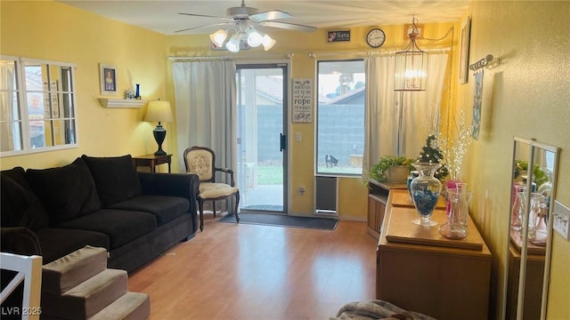 living room with a ceiling fan, plenty of natural light, and wood finished floors