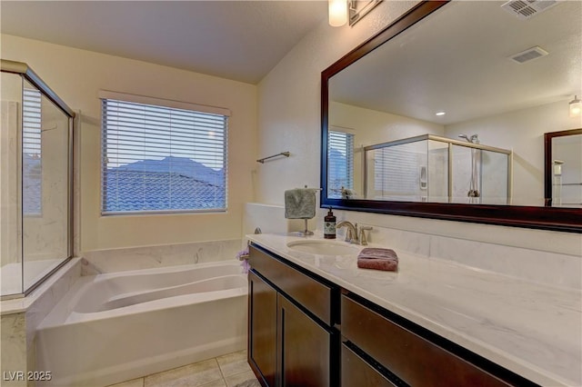 full bath featuring visible vents, a garden tub, a shower stall, and tile patterned floors