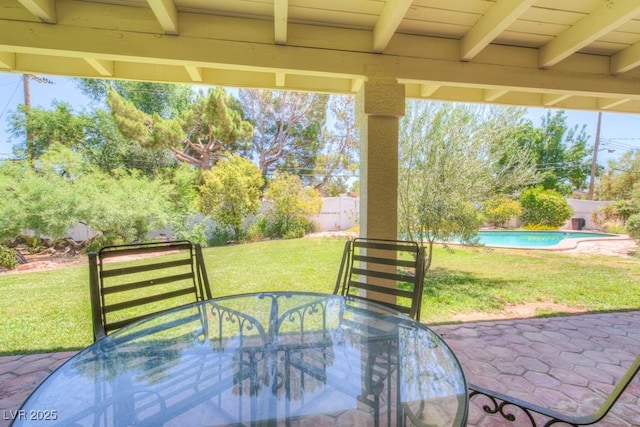 view of patio / terrace featuring a fenced in pool, outdoor dining space, and a fenced backyard