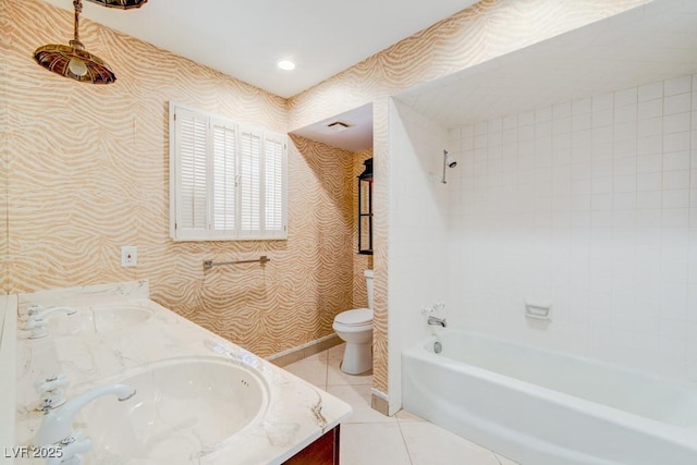 bathroom featuring toilet, shower / washtub combination, tile patterned floors, double vanity, and wallpapered walls