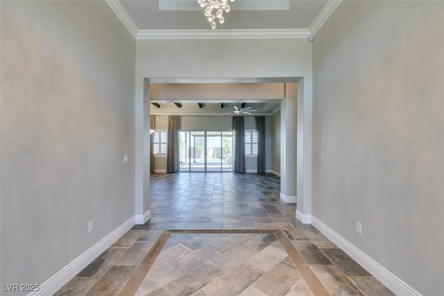 corridor featuring crown molding, a chandelier, and baseboards