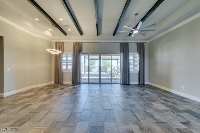 spare room featuring recessed lighting, visible vents, a ceiling fan, beamed ceiling, and baseboards