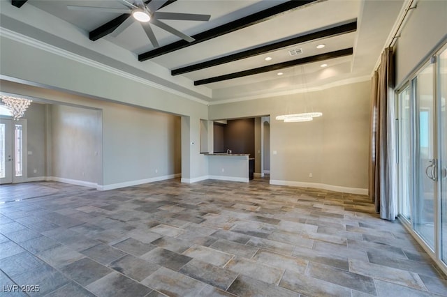 unfurnished living room featuring stone finish flooring, baseboards, beamed ceiling, and ceiling fan with notable chandelier