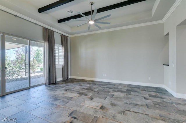 empty room featuring baseboards, visible vents, a raised ceiling, ceiling fan, and beamed ceiling