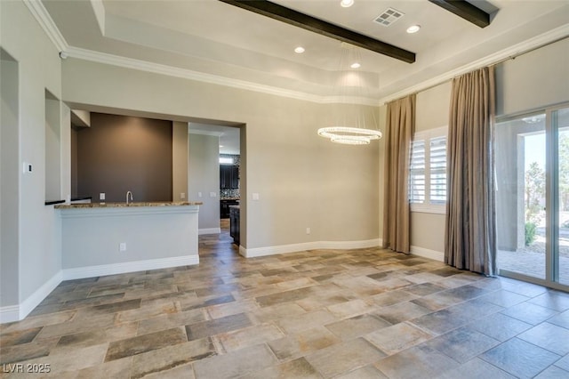 spare room with recessed lighting, visible vents, baseboards, stone finish flooring, and beamed ceiling