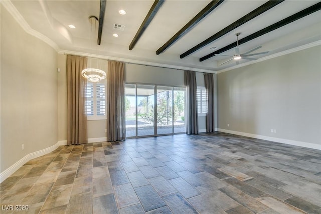 unfurnished room featuring beam ceiling, visible vents, and baseboards