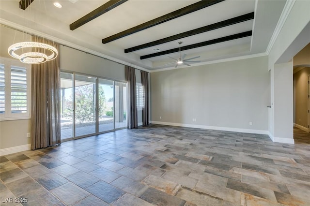 empty room with ceiling fan with notable chandelier, a healthy amount of sunlight, beam ceiling, and baseboards