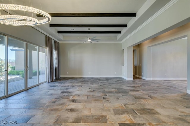 empty room featuring stone finish floor, baseboards, beamed ceiling, and ceiling fan with notable chandelier