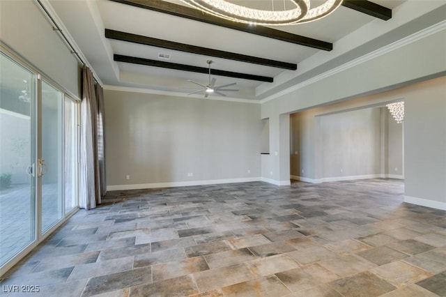 spare room featuring plenty of natural light, beamed ceiling, baseboards, and ceiling fan with notable chandelier