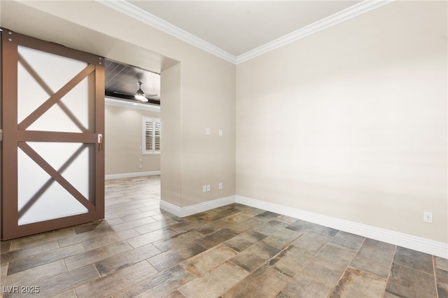 spare room with baseboards, ceiling fan, and ornamental molding